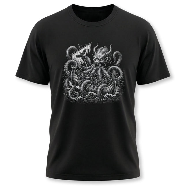 Detailed Norse Kraken sea monster illustration battling a Viking warrior and axe.