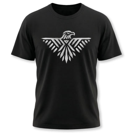 White geometric Thunderbird graphic on a black t-shirt.