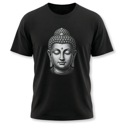 Grayscale Buddha head graphic on a black t-shirt, symbolizing Zen, meditation, and spiritual peace.