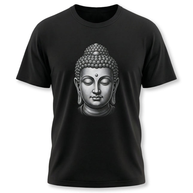 Grayscale Buddha head graphic on a black t-shirt, symbolizing Zen, meditation, and spiritual peace.