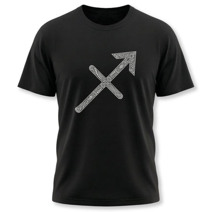 Norse knotwork Sagittarius arrow graphic on a black zodiac t-shirt.