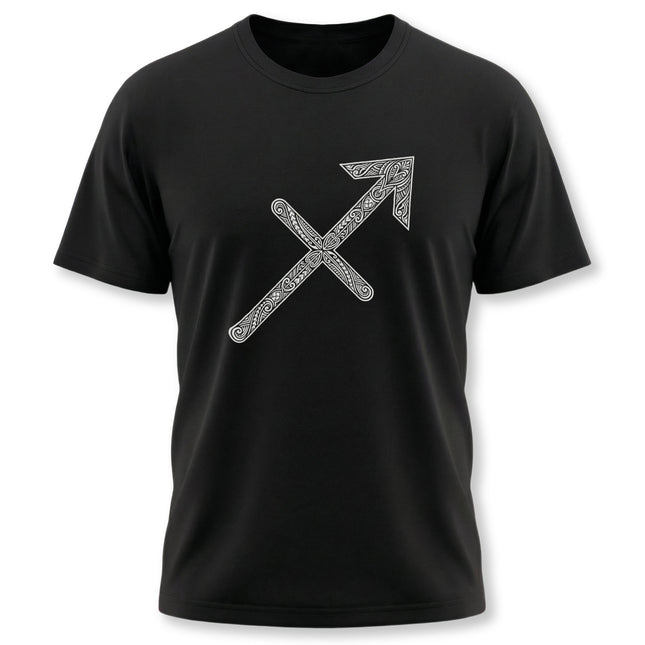 Norse knotwork Sagittarius arrow graphic on a black zodiac t-shirt.