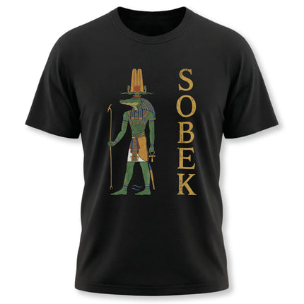 Sobek Egyptian crocodile god t-shirt design with ancient mythology art and gold lettering.