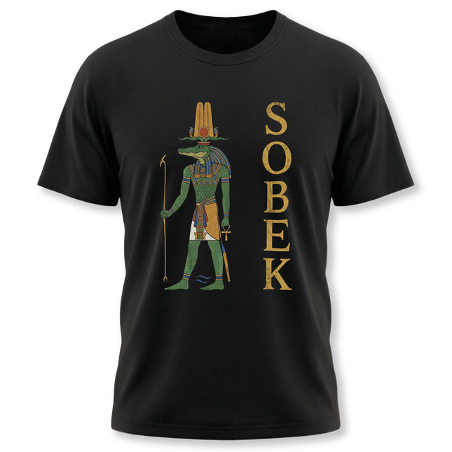 Sobek Egyptian crocodile god t-shirt design with ancient mythology art and gold lettering.