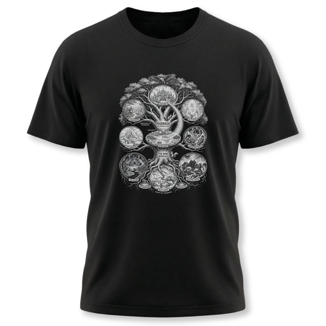 Norse Yggdrasil World Tree graphic tee featuring the Nine Worlds of mythology.