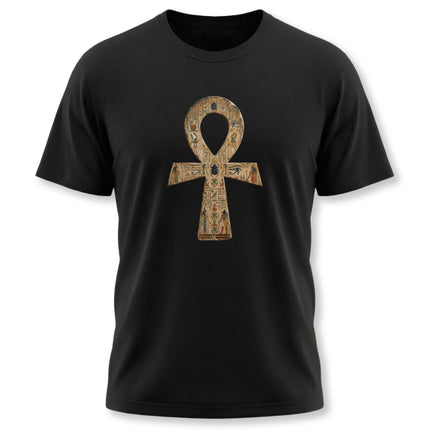Black tee featuring the ancient Egyptian Ankh symbol and detailed hieroglyphic key of life design.