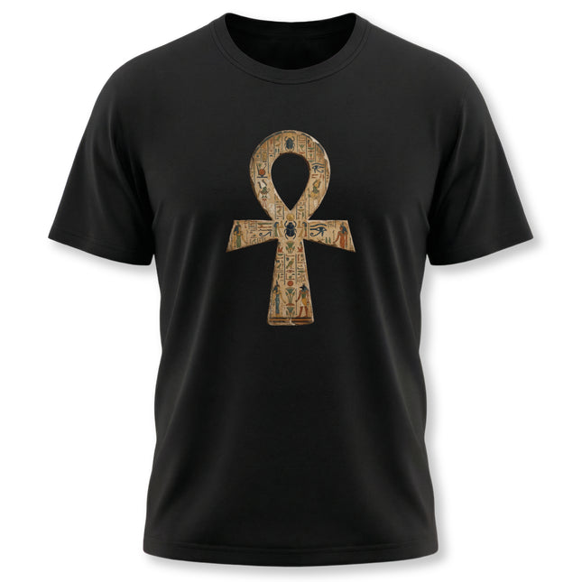 Black tee featuring the ancient Egyptian Ankh symbol and detailed hieroglyphic key of life design.