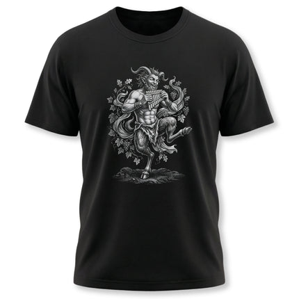 Pan faun satyr illustration on a black tee, playing a flute from Greek mythology.
