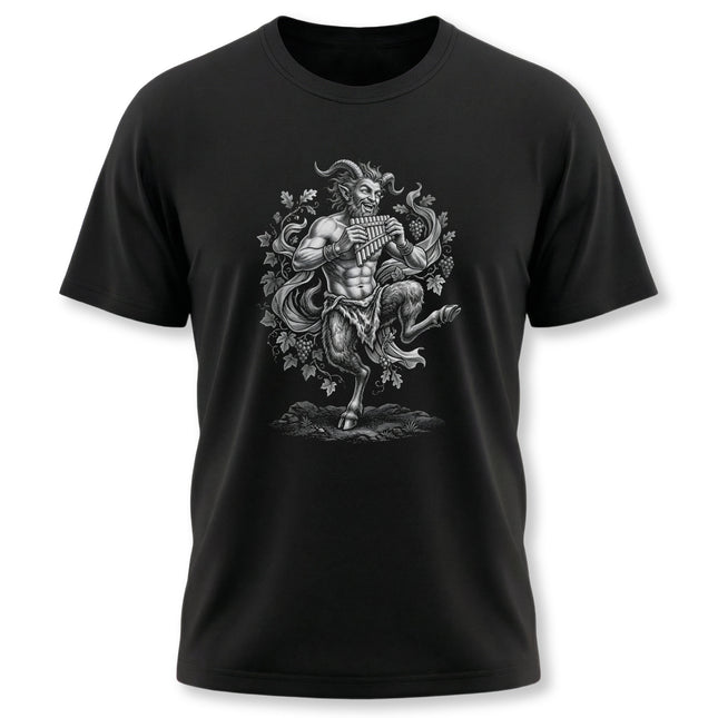 Pan faun satyr illustration on a black tee, playing a flute from Greek mythology.