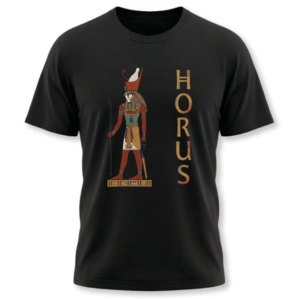 Horus Egyptian mythology t-shirt graphic. Features the falcon god and the name "HORUS" in ancient style.