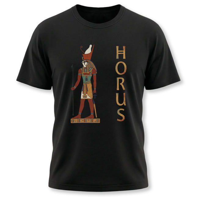 Horus Egyptian mythology t-shirt graphic. Features the falcon god and the name "HORUS" in ancient style.