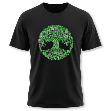 Green Celtic Tree of Life knotwork design on a black t-shirt.
