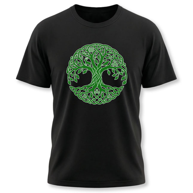 Green Celtic Tree of Life knotwork design on a black t-shirt.