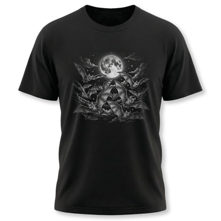 Celestial graphic of bats flying around a full moon on a black tee. Gothic, mystical, and dark aesthetic.