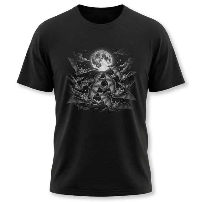 Celestial graphic of bats flying around a full moon on a black tee. Gothic, mystical, and dark aesthetic.