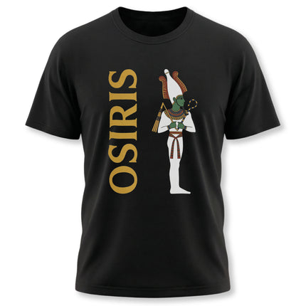 Osiris Egyptian god graphic t-shirt featuring ancient mythology art and text.