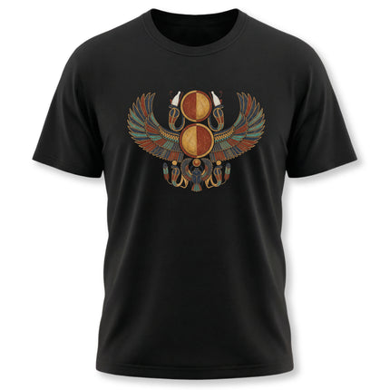 Ancient Egyptian winged scarab and sun disk graphic tee on a black t-shirt.