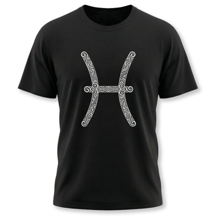 Ornate tribal Pisces zodiac symbol on a black t-shirt. Astrology water sign tee.
