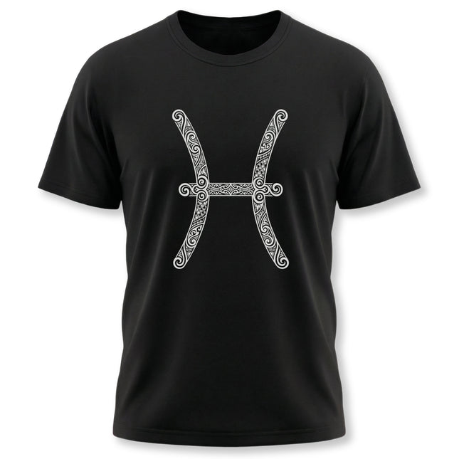 Ornate tribal Pisces zodiac symbol on a black t-shirt. Astrology water sign tee.