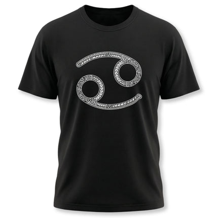Tribal Cancer zodiac symbol on a black t-shirt.