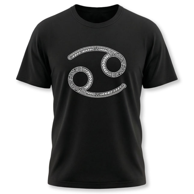 Tribal Cancer zodiac symbol on a black t-shirt.