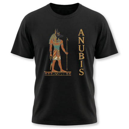 Anubis jackal god graphic and "ANUBIS" text on a black Egyptian mythology t-shirt.