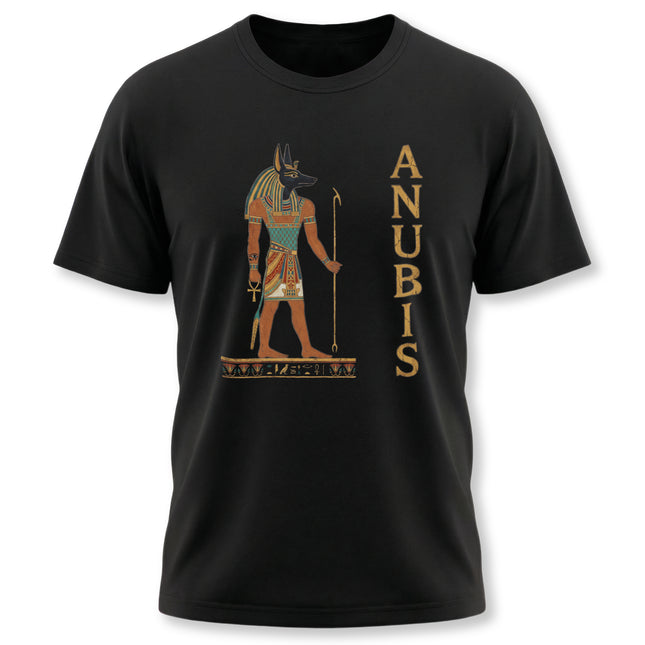Anubis jackal god graphic and "ANUBIS" text on a black Egyptian mythology t-shirt.