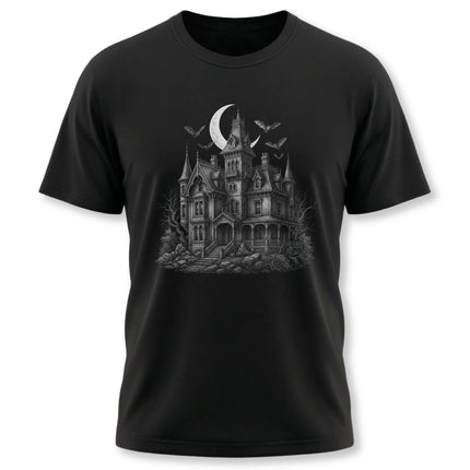 Spooky gothic haunted house design featuring bats and a crescent moon illustration.