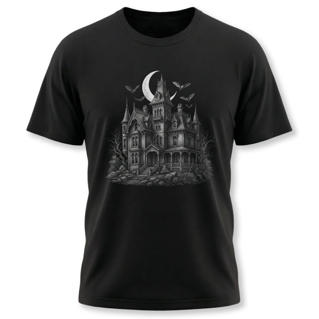 Spooky gothic haunted house design featuring bats and a crescent moon illustration.