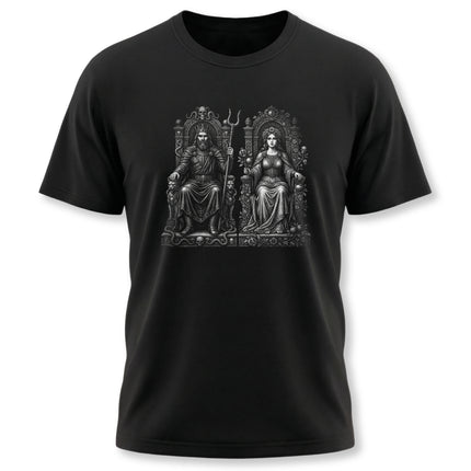 Gothic Hades and Persephone Greek mythology illustration tee featuring the underworld king and queen.