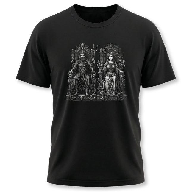 Gothic Hades and Persephone Greek mythology illustration tee featuring the underworld king and queen.