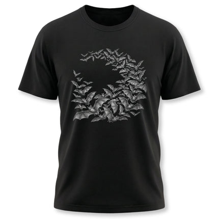 Dark gothic t-shirt featuring a detailed circular swarm of flying bats graphic design.