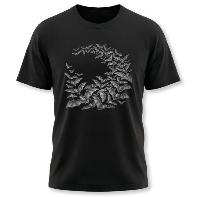 Dark gothic t-shirt featuring a detailed circular swarm of flying bats graphic design.