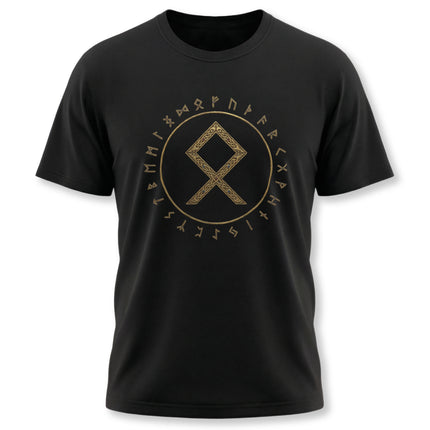 Black t-shirt featuring the Othala rune and Elder Futhark runic alphabet in gold print.