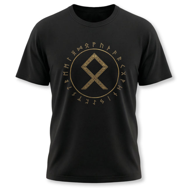 Black t-shirt featuring the Othala rune and Elder Futhark runic alphabet in gold print.