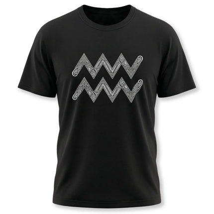 Aquarius zodiac symbol graphic tee featuring intricate white tribal chevron art on black fabric.