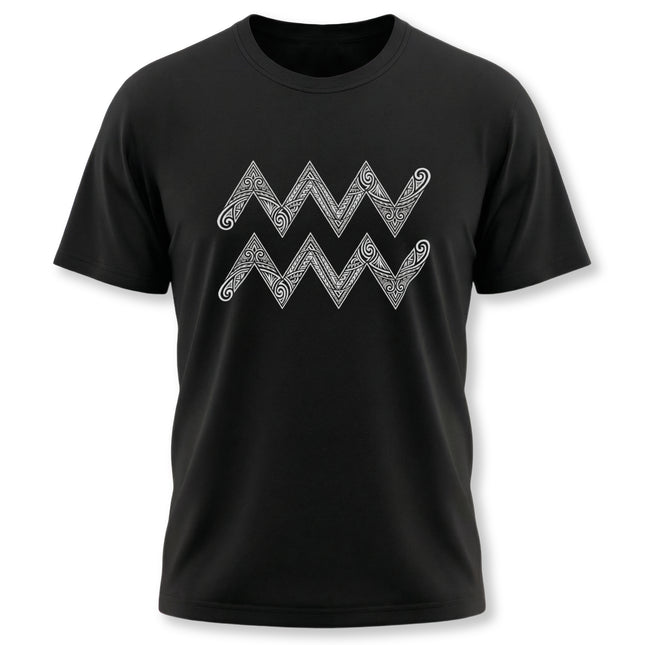 Aquarius zodiac symbol graphic tee featuring intricate white tribal chevron art on black fabric.