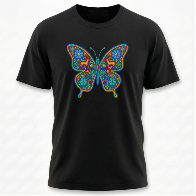 Huichol Butterfly T-Shirt | Vibrant Mexican Folk Art Deer Floral Tee | Butterfly