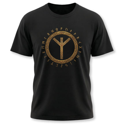 Black t-shirt featuring the Algiz rune and Elder Futhark circle design.