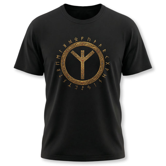 Black t-shirt featuring the Algiz rune and Elder Futhark circle design.