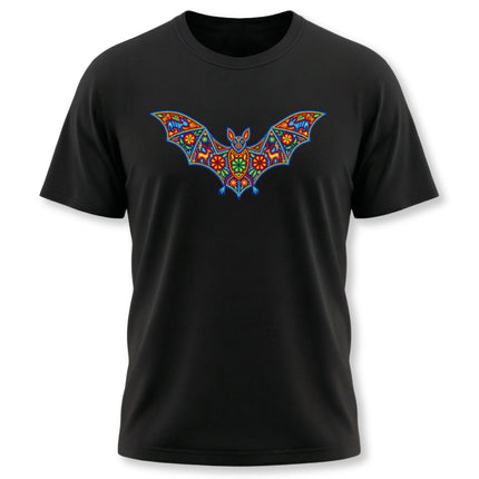 Huichol Mexican folk art bat graphic on a black t-shirt.