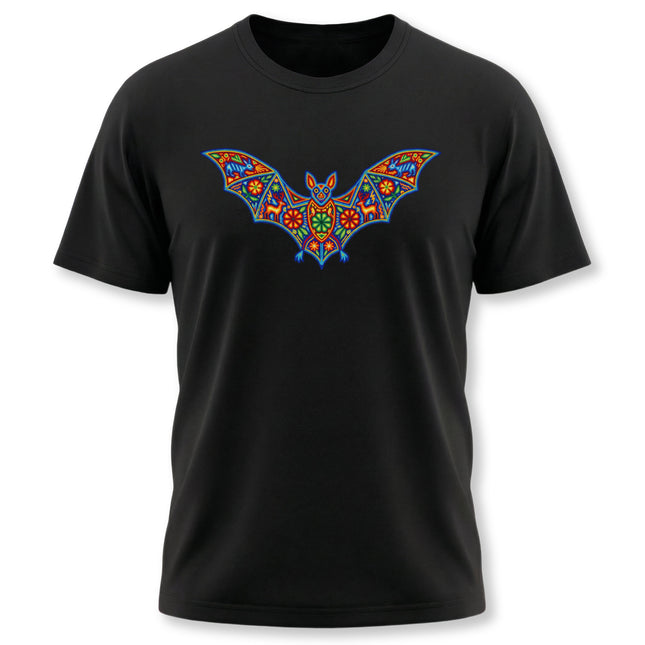 Huichol Mexican folk art bat graphic on a black t-shirt.