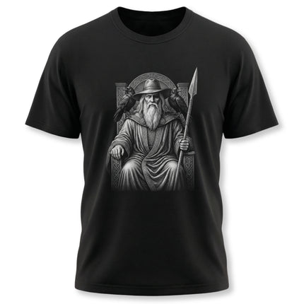 Viking Odin Norse God graphic t-shirt featuring ravens and a spear.