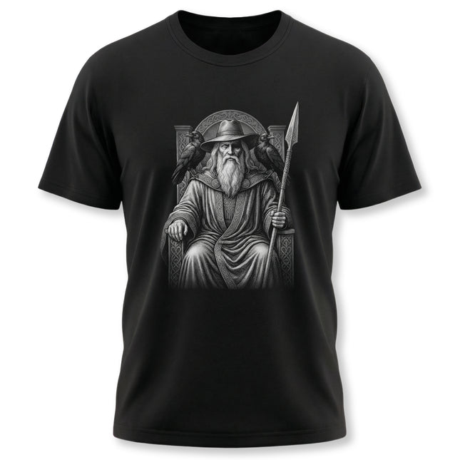 Viking Odin Norse God graphic t-shirt featuring ravens and a spear.
