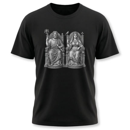 Zeus and Hera Greek mythology t-shirt design, featuring classical gods artwork.
