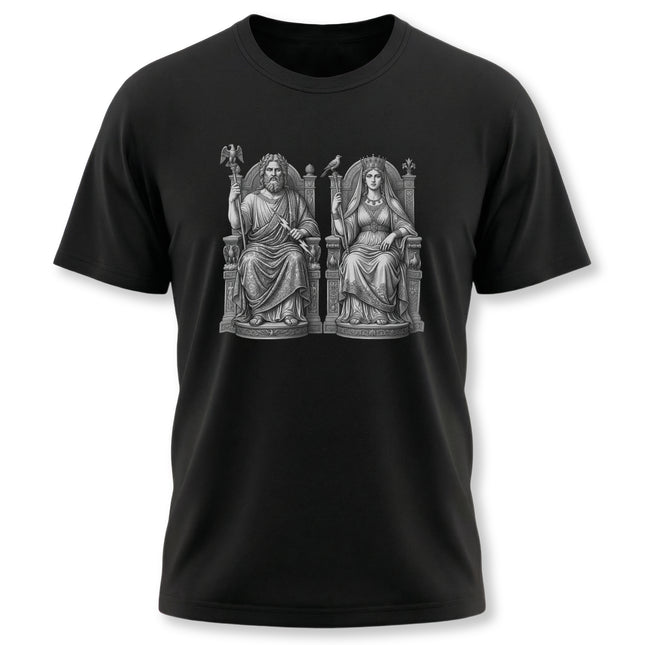 Zeus and Hera Greek mythology t-shirt design, featuring classical gods artwork.