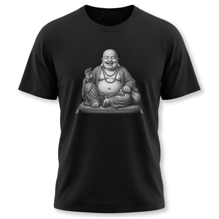 Laughing Buddha graphic design featuring Zen and Asian cultural themes.