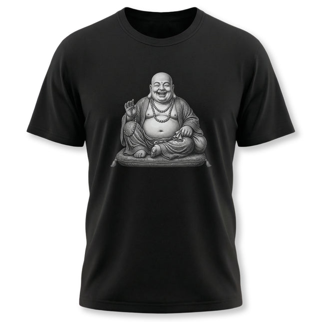 Laughing Buddha graphic design featuring Zen and Asian cultural themes.