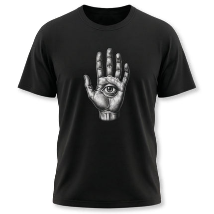Engraved eye in hand Hamsa symbol graphic on a black unisex t-shirt.