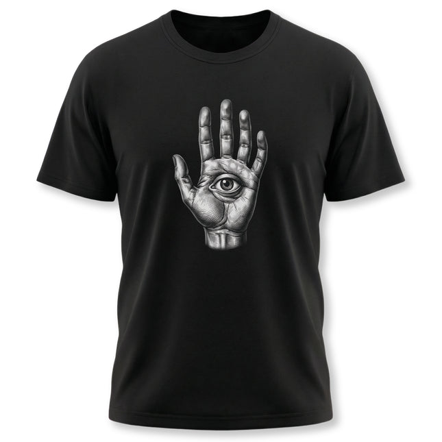 Engraved eye in hand Hamsa symbol graphic on a black unisex t-shirt.